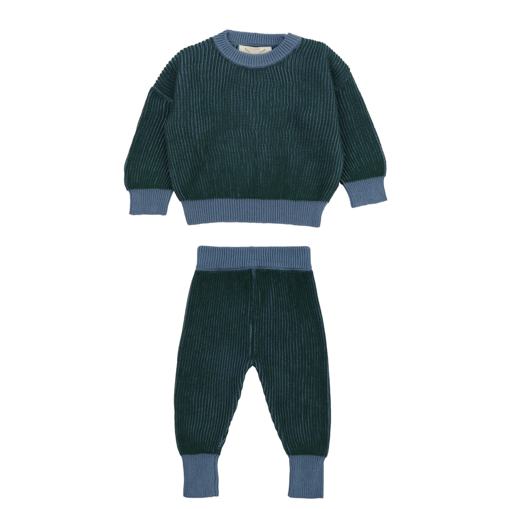 Dark Green Multi Two-Tone Rib Knit Sweater + Pant Set